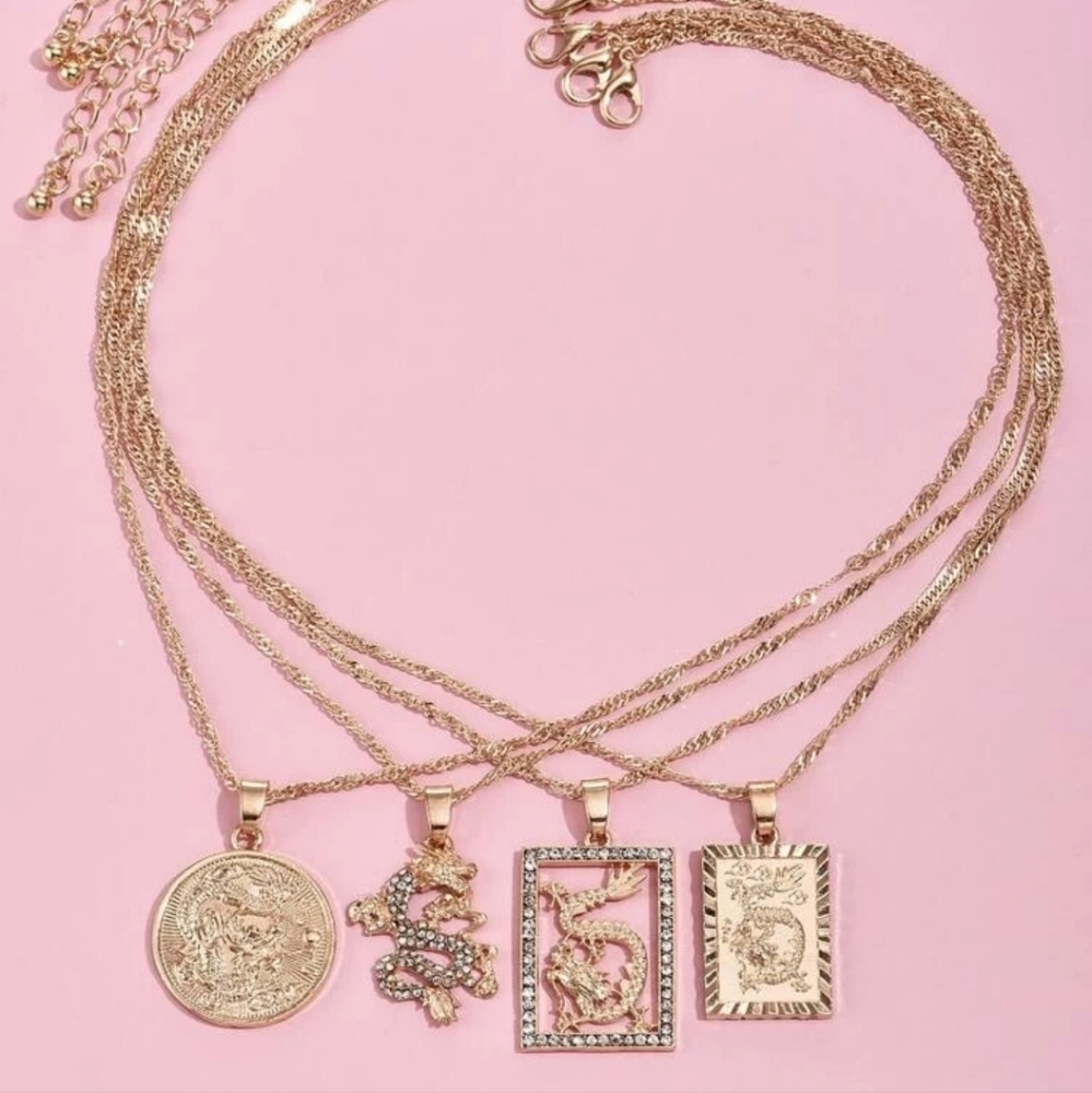 GOLD 4 PIECEβ DRAGON CHARMS ROPE CHAIN LAYERED NECKLACE SET SEXY RETRO LUXURY